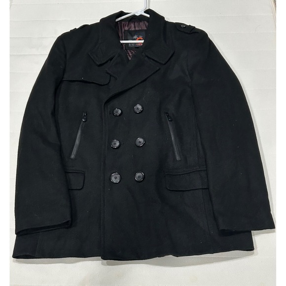 BY GUESS Men's XL Black Wool Blend Double Breasted Pea Coat Jacket - Picture 1 of 9